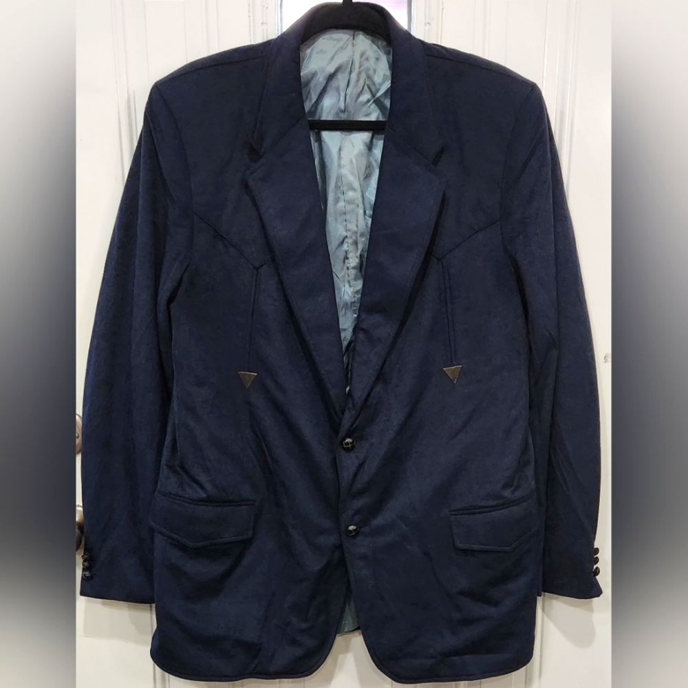 Vintage 70s Brad Whitney blue poly blend suede like sports coat men's si…